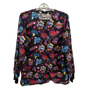 Cherokee Scrub Jacket Womens XL Black Superhero Print CK301 Snap Front Warm Up